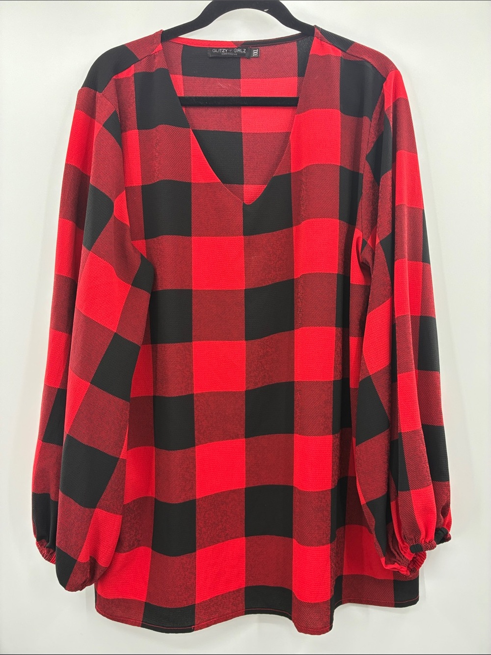 Gitzy Girlz Red and Black Buffalo Check V-Neck Blouse size: 3XL